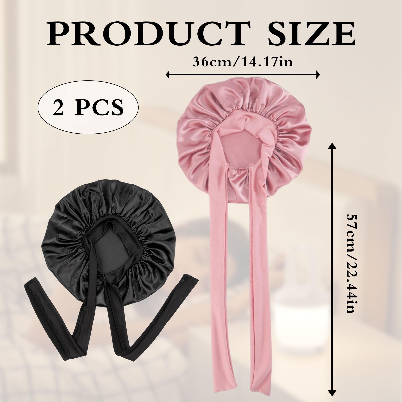 2Pcs Satin Bonnet Wrap for Sleeping Tie Band for Women Long Curly Hair Perfect for Washing Makeup, Sport, Black, 57x36cm - Image 2