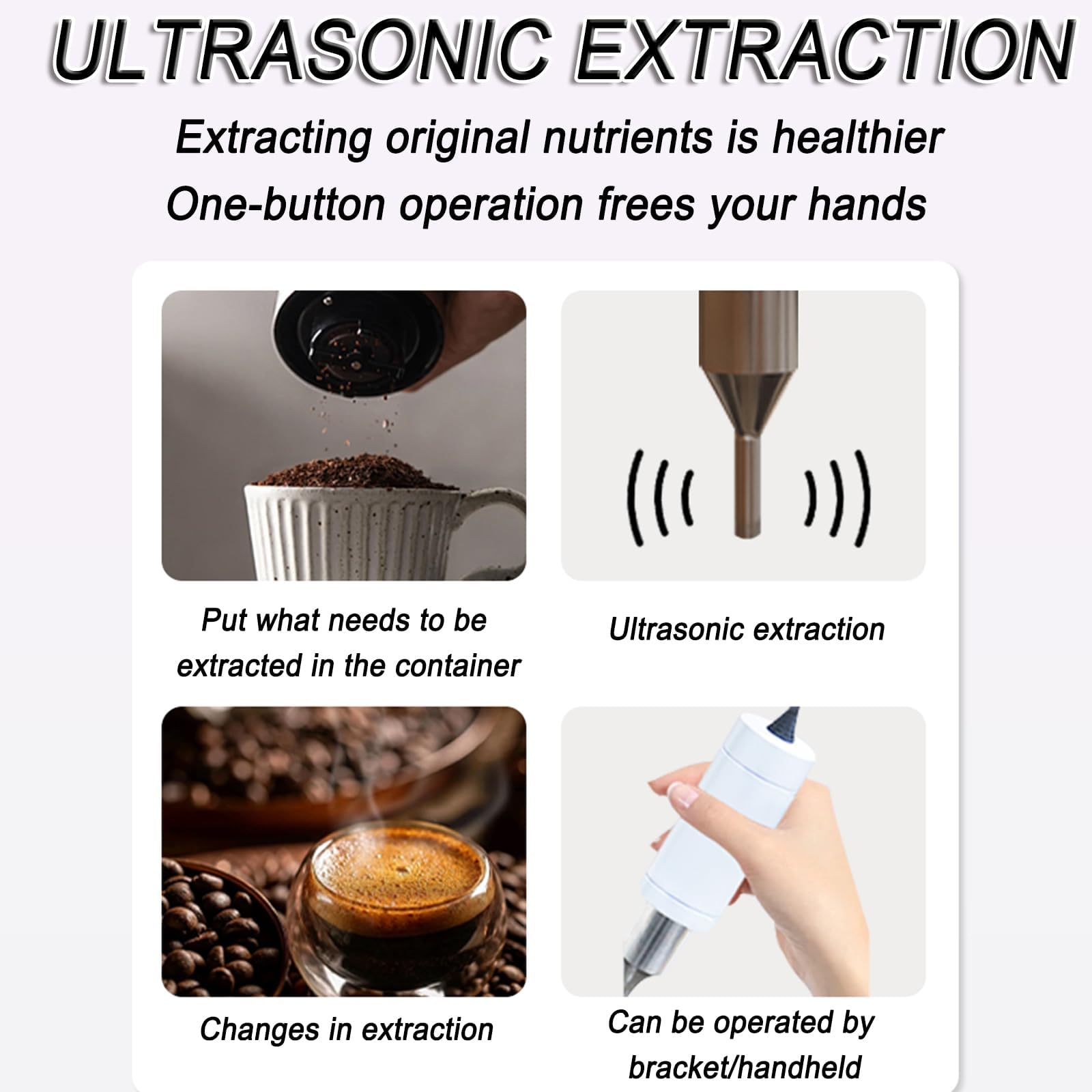 Ekstraktor do kawy Latte o wysokiej wydajności 250 ml, przenośny 80 W zakłócający telefon komórkowy z uchwytem, częstotliwość pracy 40 KHz, regulowana wysokość, obsługa ze stojakiem lub przenośnym do