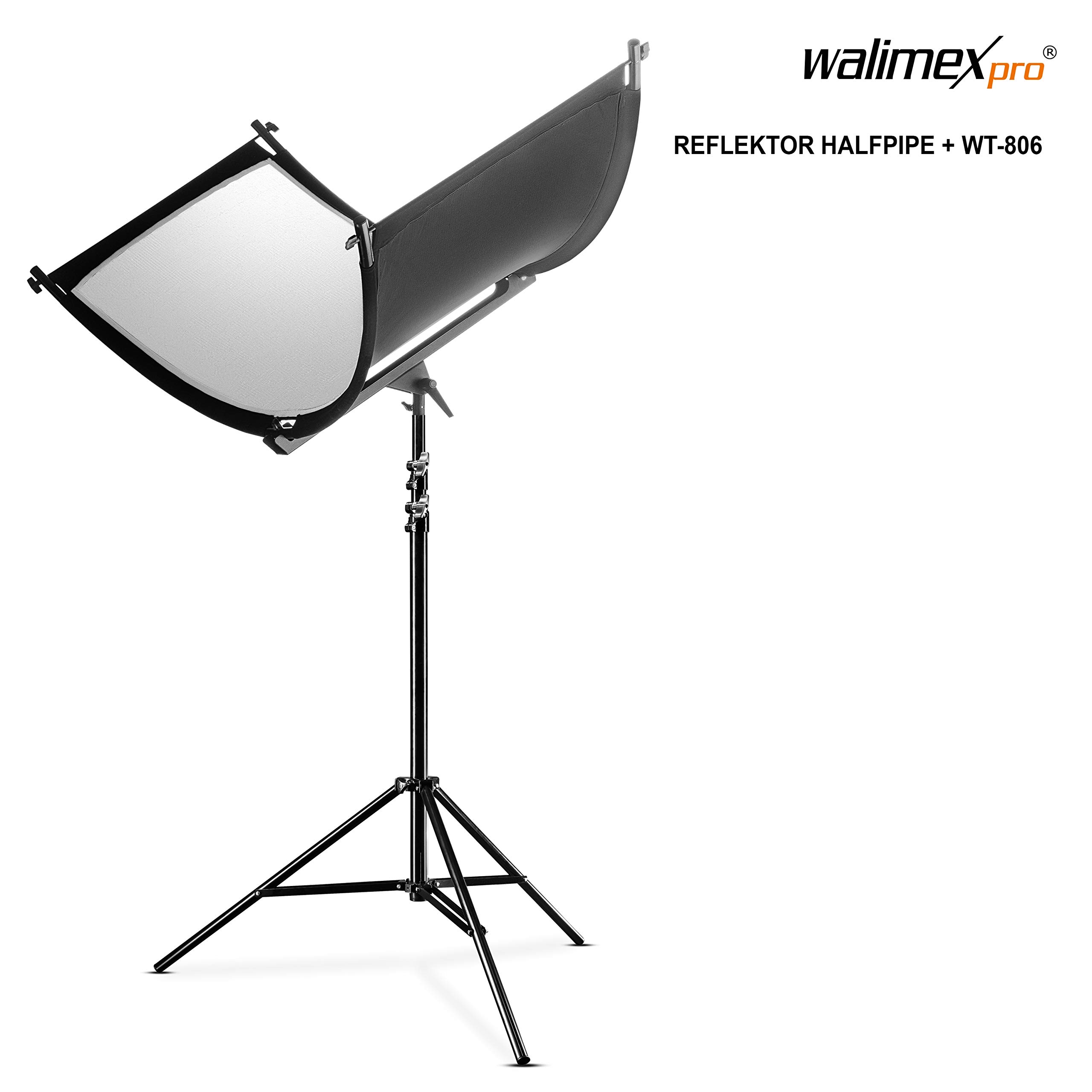 Walimex pro Set di Riflettore curvo a U Halfpipe e Stativo luci WT-806, Modellatore concavo da 150 x 60 cm, color argento/bianco/oro, Treppiede fino a 256 cm per fotografia ritratto