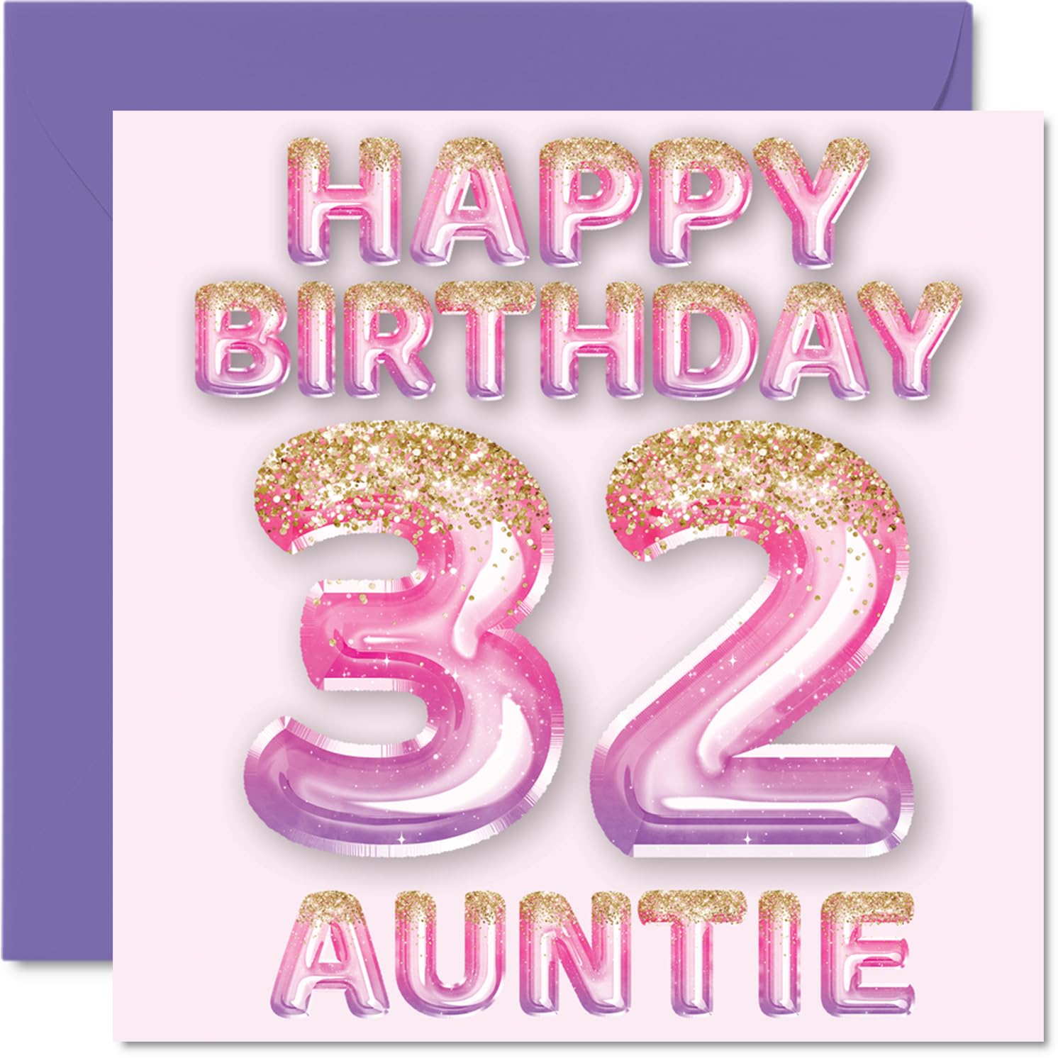 32nd Birthday Card for Auntie - Pink & Purple Glitter Balloons - Happy Birthday Cards for 32 Year Old Aunt Aunty from Nephew Niece, 145mm Bday Greeting Cards Gift