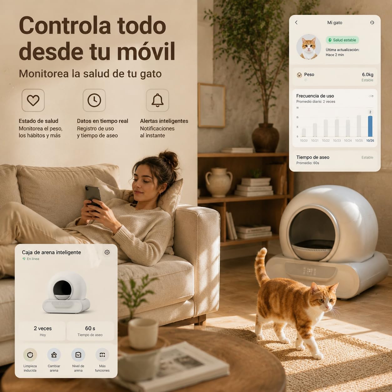 Arenero Autolimpiable XXL para Gatos, Caja Arena Automática 74L con Control por Aplicación, Sistema Seguridad Avanzado, Eliminación Olores, Incluye Alfombra y 5 Rollos Bolsas