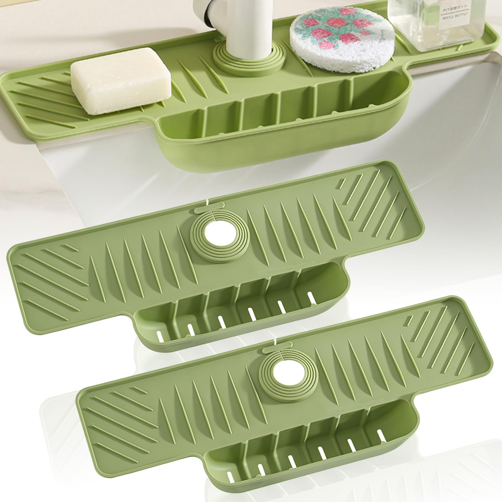 Silicone Faucet Mat for Kitchen Sink, Kitchen Faucet Splash Guard Sponge Organizer, Anti-Slip Drying Mat Soft Draining Pad Behind Faucet, Water Catcher Mat for Kitchen (Green, 2 PACK)