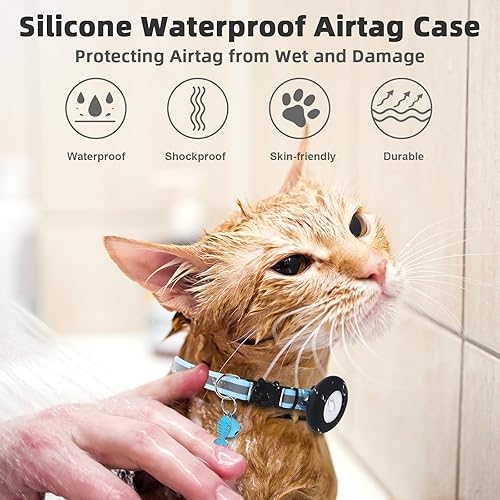 Miniatura 6 de Airtag Collar para gato, collar de gato con campana y hebilla de seguridad en 38 pulgadas de ancho, collar reflectante con soporte impermeable para