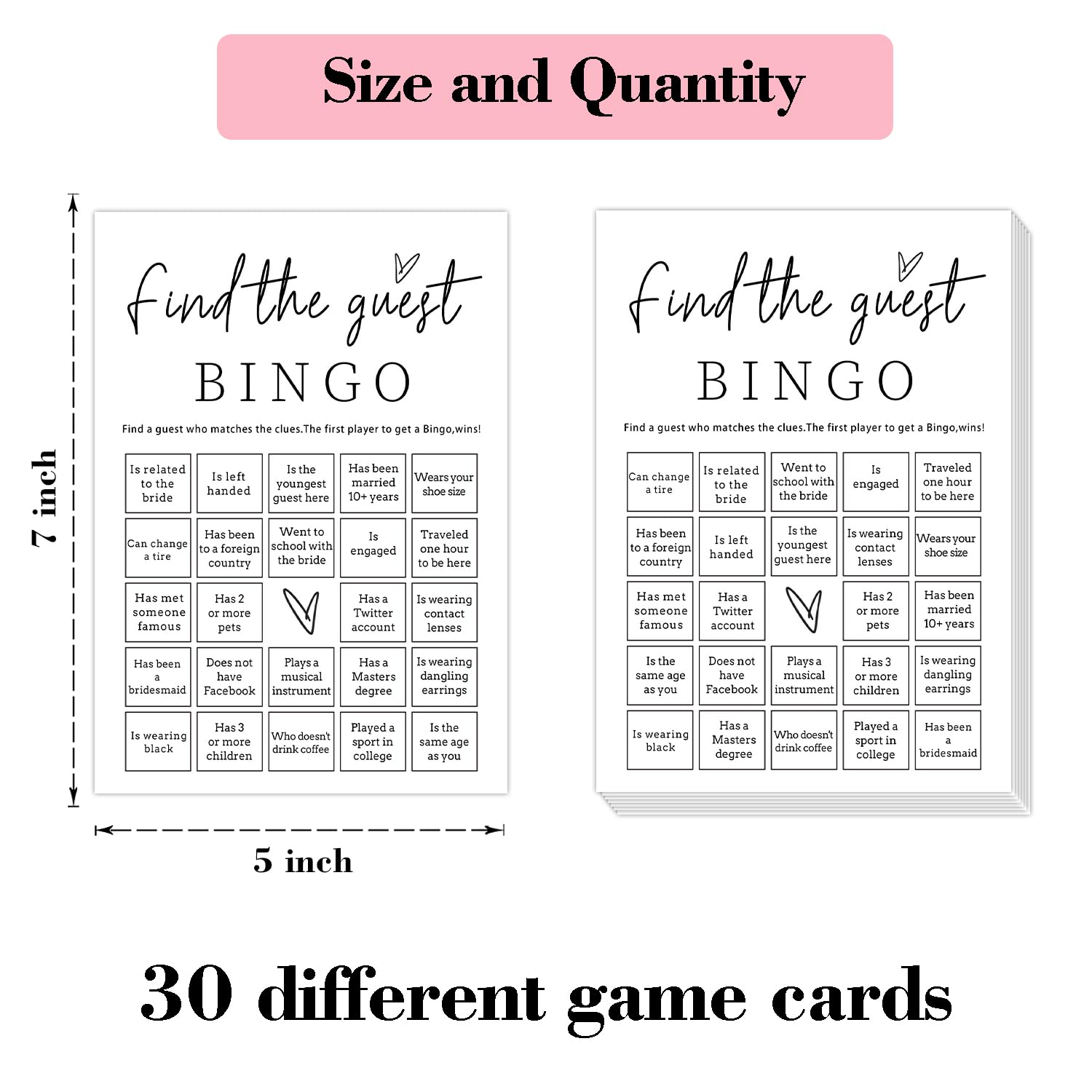 Find The Guest Bingo Game Cards for Wedding Bridal Shower, Wedding Bachelorette Party Bingo Shower Favors, 30 Game Cards, Engagement Party Game Decor Supplies, Wedding Games for Reception -L855