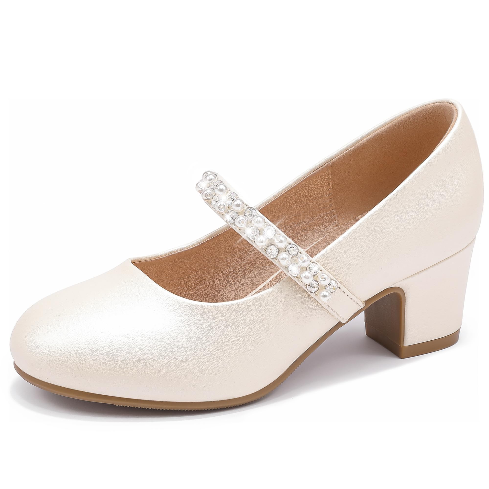 LAURMOSA Flower Girl Shoes Kids High Heels Mary Jane Flats Cute Pearl Rhinestones Girls Dress Pumps Shoes for Church Wedding Party Little Big Kids