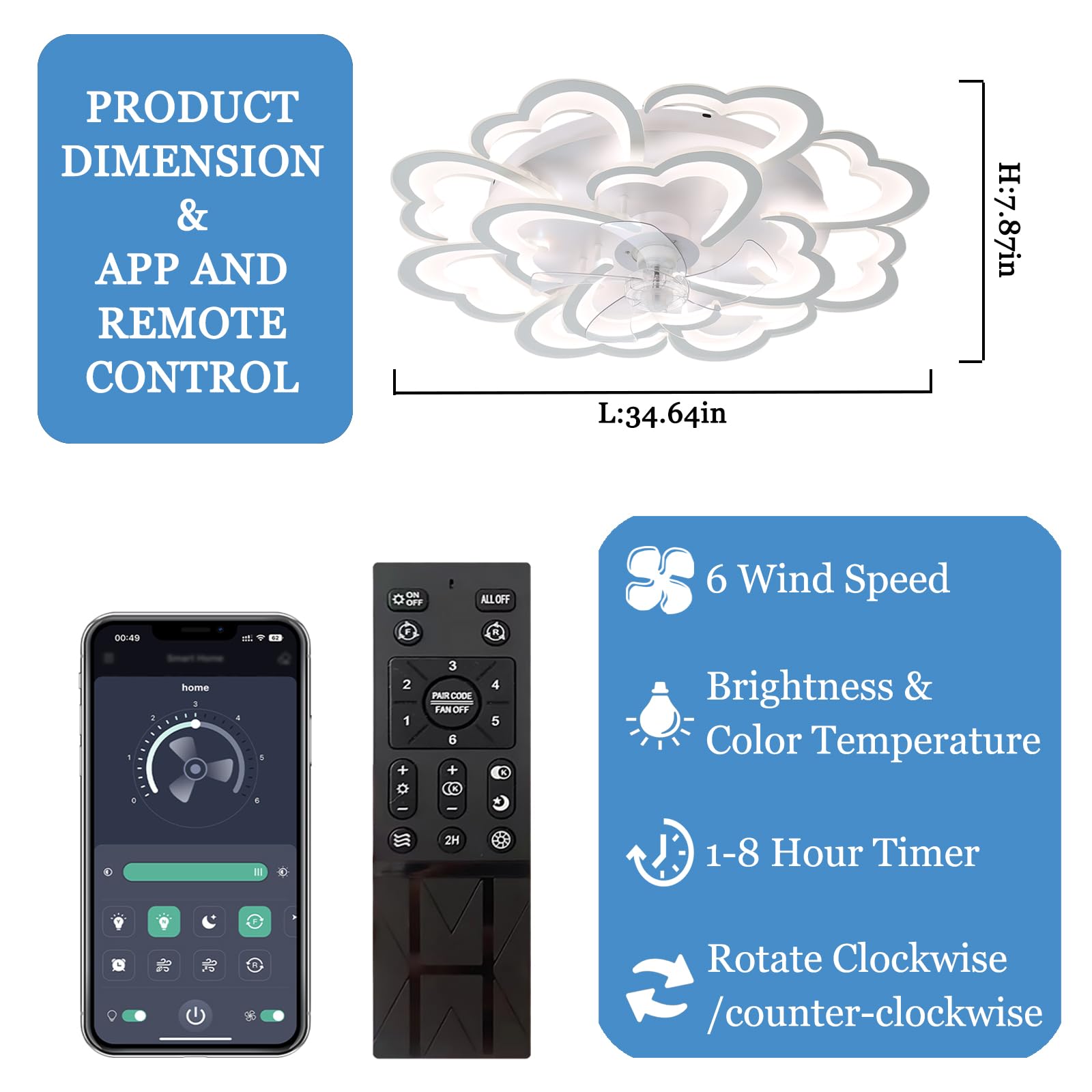 34.6in Fiore Ventila Soffitto Con Luce Reversibile Dimmerabile Smart Lampadario Ventilatore Da Soffitto E Telecomando Silenzioso Timer Plafoniera Con Ventilatore Soffitto Per Soggiorno