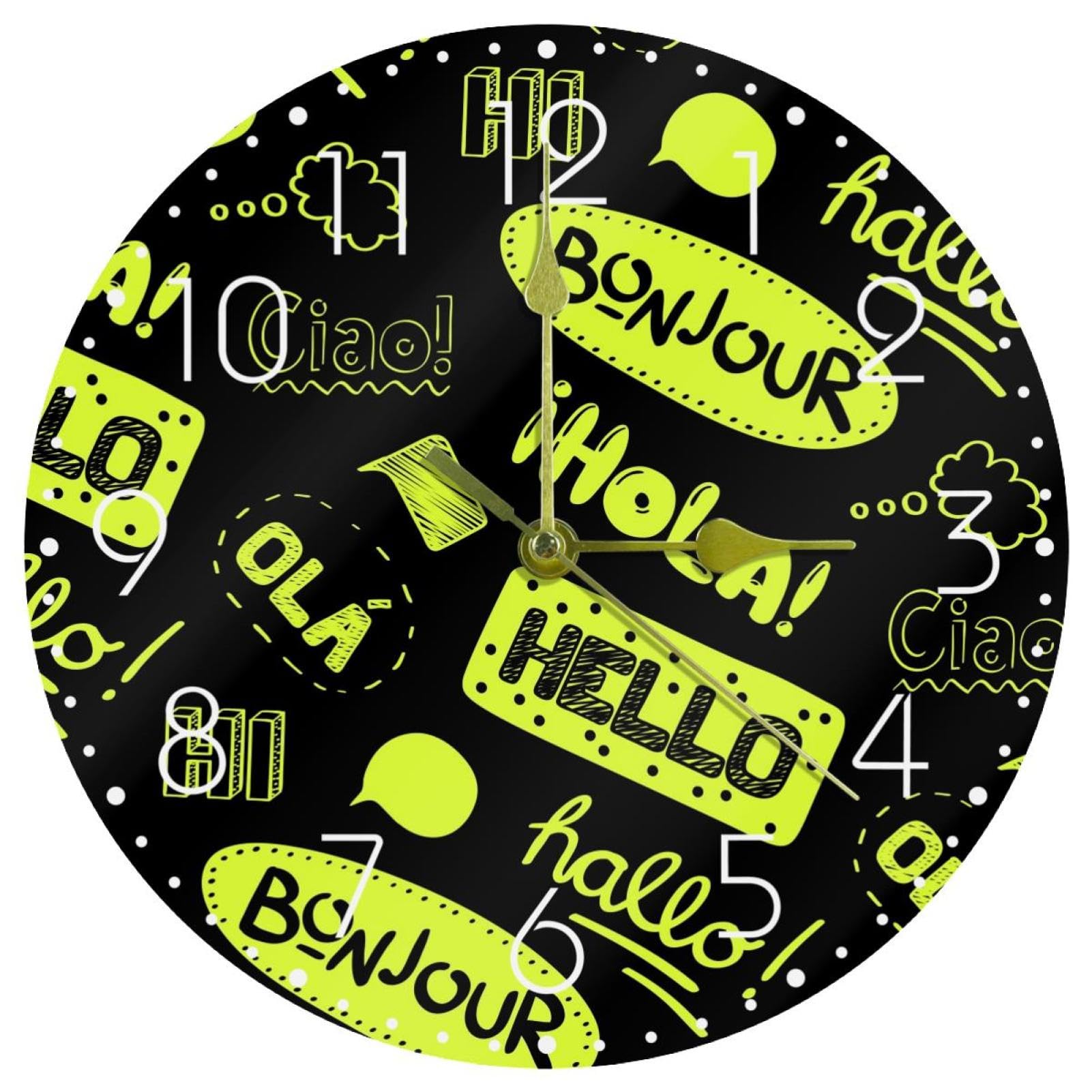 Horloge murale de salon et bureau en acrylique déco moderne motif Hello