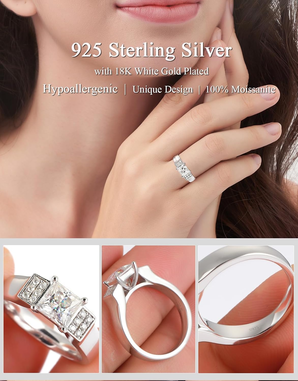 1.5CT 2CT Princess Cut Moissanite Rings for Women D Color VVS1 Moissanite Engagement Ring S925 Sterling Silver Promise Wedding Rings for Women - Image 3