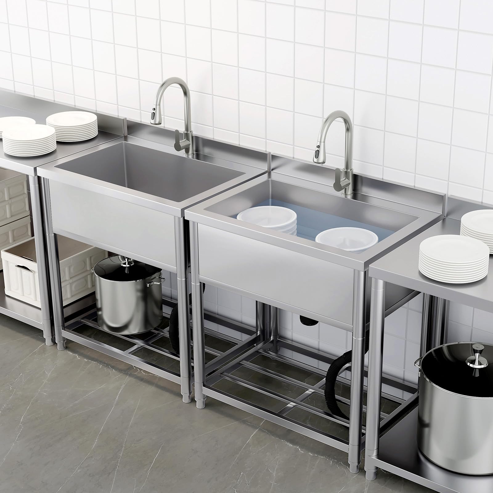 70cm Gran Fregadero de Acero Inoxidable Independiente con Grifo | Fregadero de Cocina Comercial, Fregadero de Inox para Exterior, Cocina, Lavadero, 57 x 90 x 94 cm