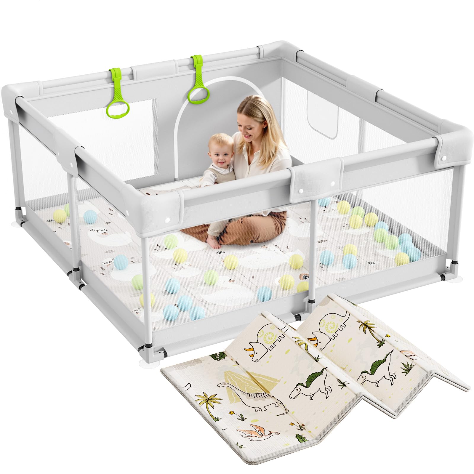 Parc bébé avec matelas, 120 x 120 cm, petit parc pour bébé, avec tapis, parc pour appartement, avec filet respirant sur les quatre côtés et ventouses
