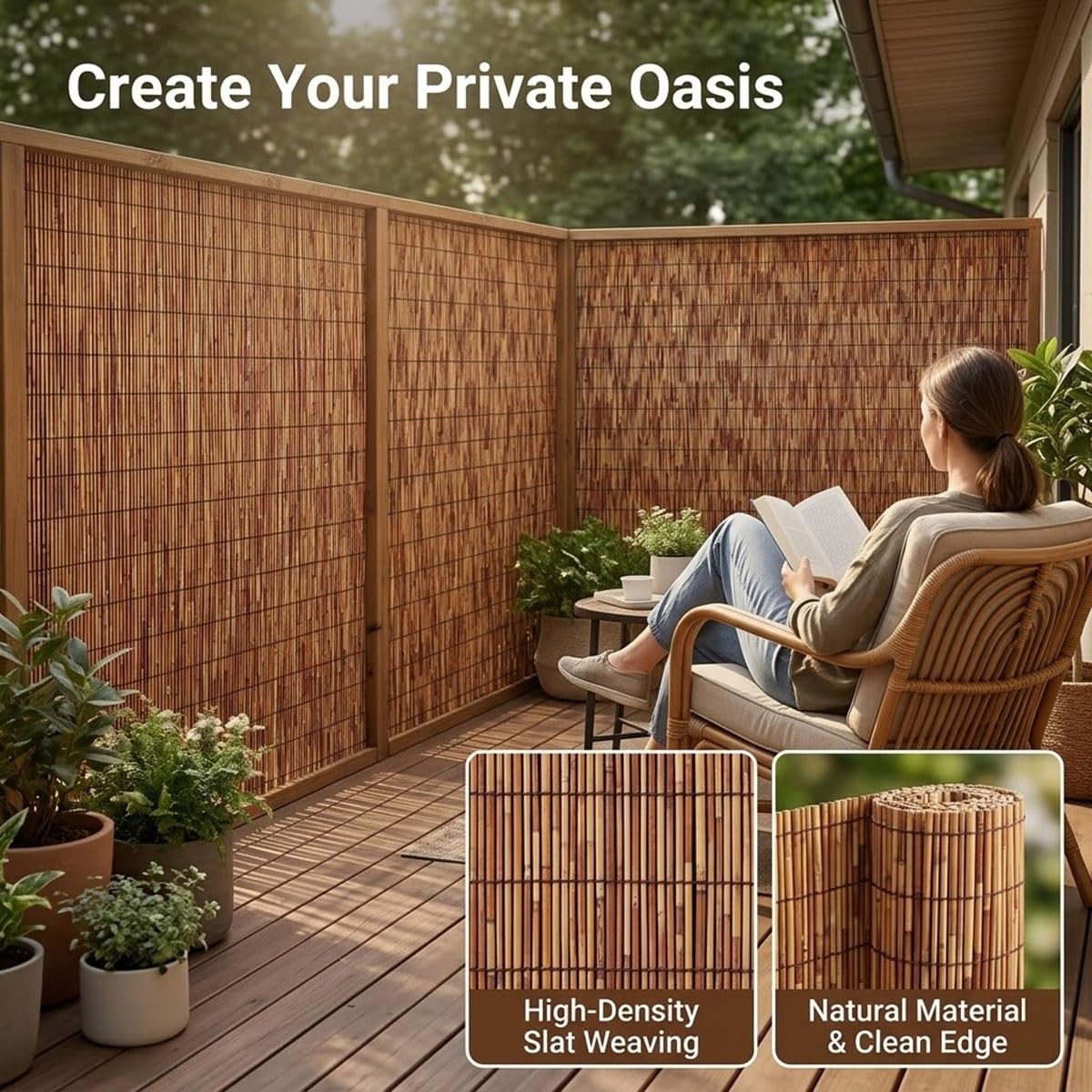 Rollo de Cañizo Natural para Ocultación Balcón y Terraza, Valla de Cañizo Natural Exterior para Privacidad Jardín, Pantalla Protector Visual y Cortavientos Resistente(91x792cm(3x26ft))