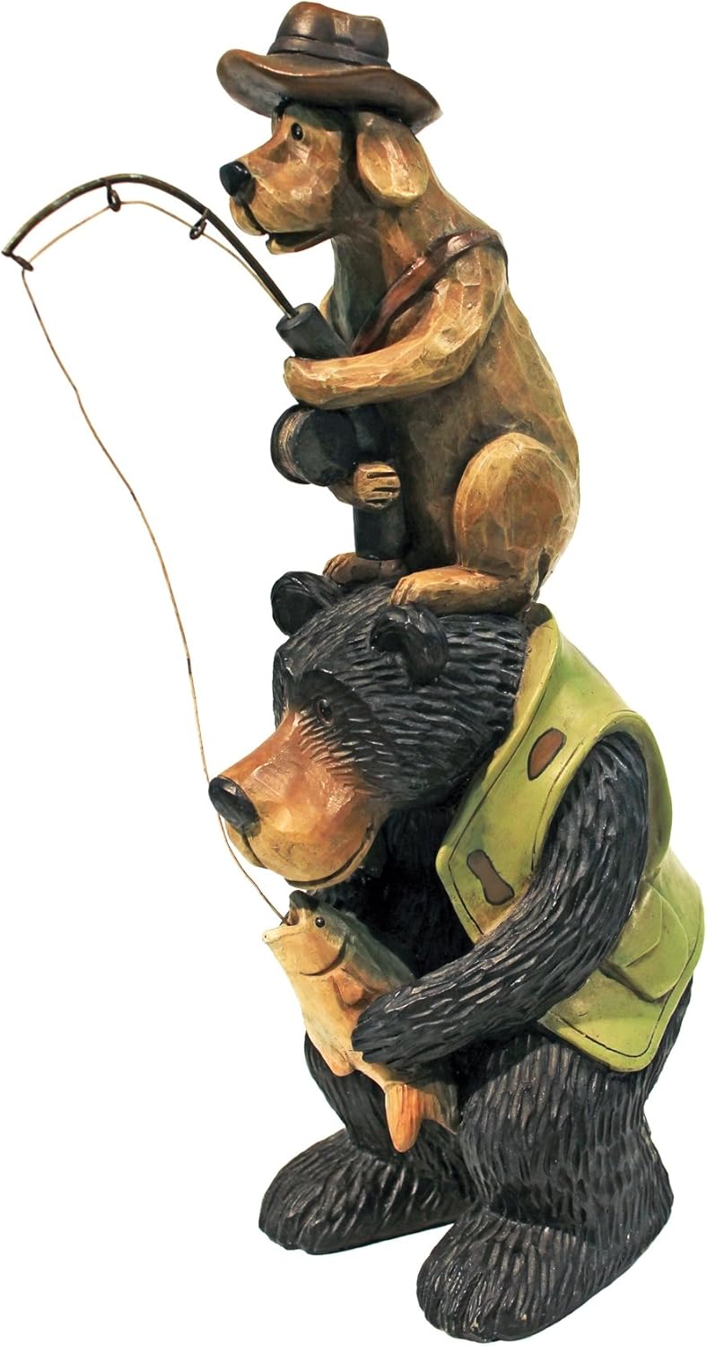Design Toscano HF665394 Fishing Buddies Black Bear and Dog Outdoor Garden Animal Statue, Full Color Finish