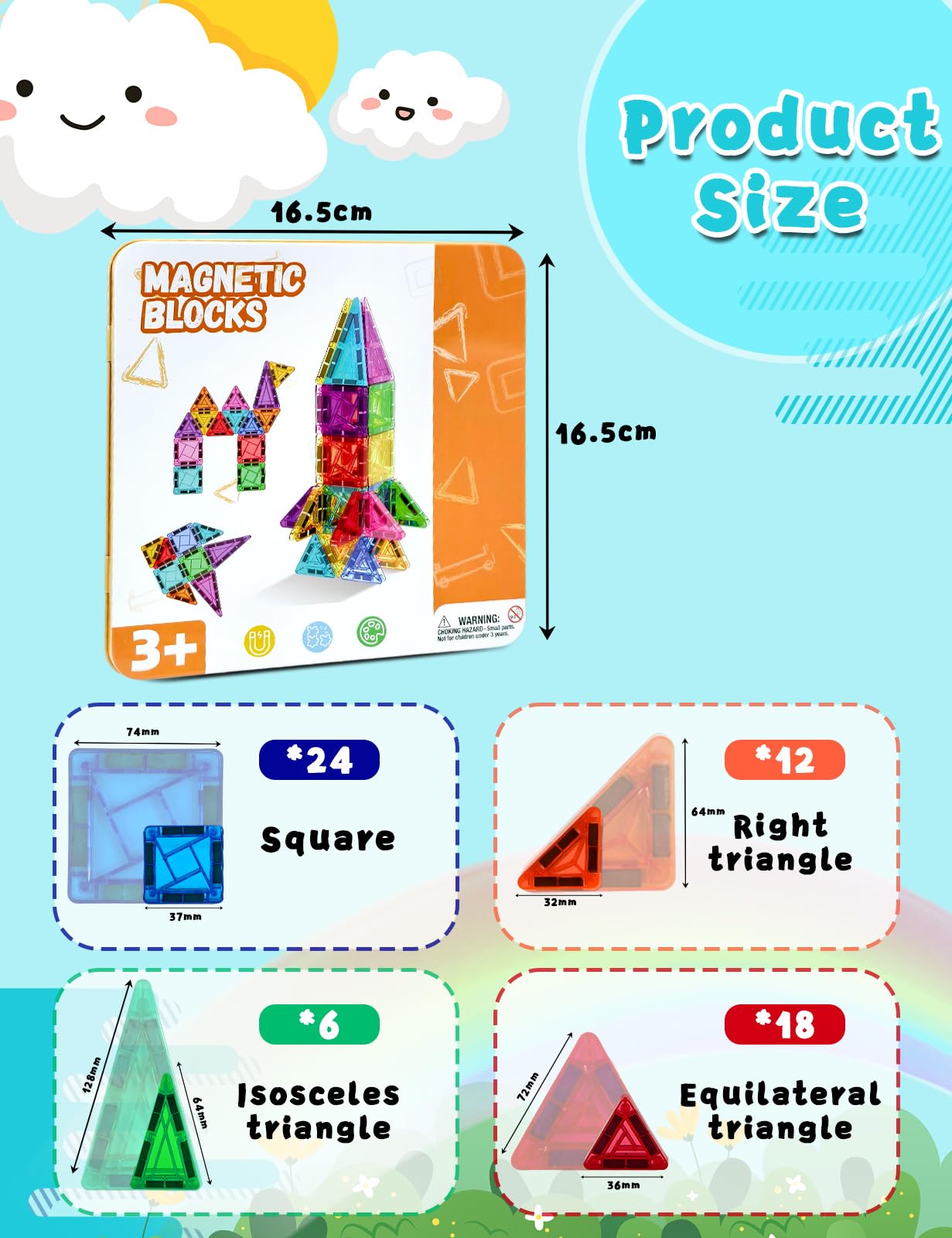 Riswistoy Mini Magnetic Tiles 60 Piece, Magnet Building Tiles - Image 2