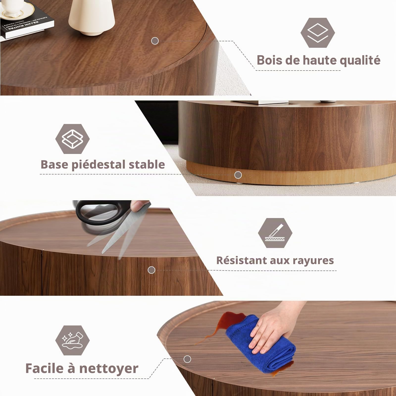 Table Basse Ronde De 90 Cm avec Tiroir, Tables Centrales Modernes De Luxe avec Rangement, Table Basse D'appoint pour Salon, Chambre, Appartement, Bureau – Noyer