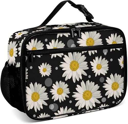 Lonchera reutilizable con diseño de margaritas blancas, bolsa de almuerzo aislada, lonchera para comida y alimentos, bolsa de mano para mujeres,