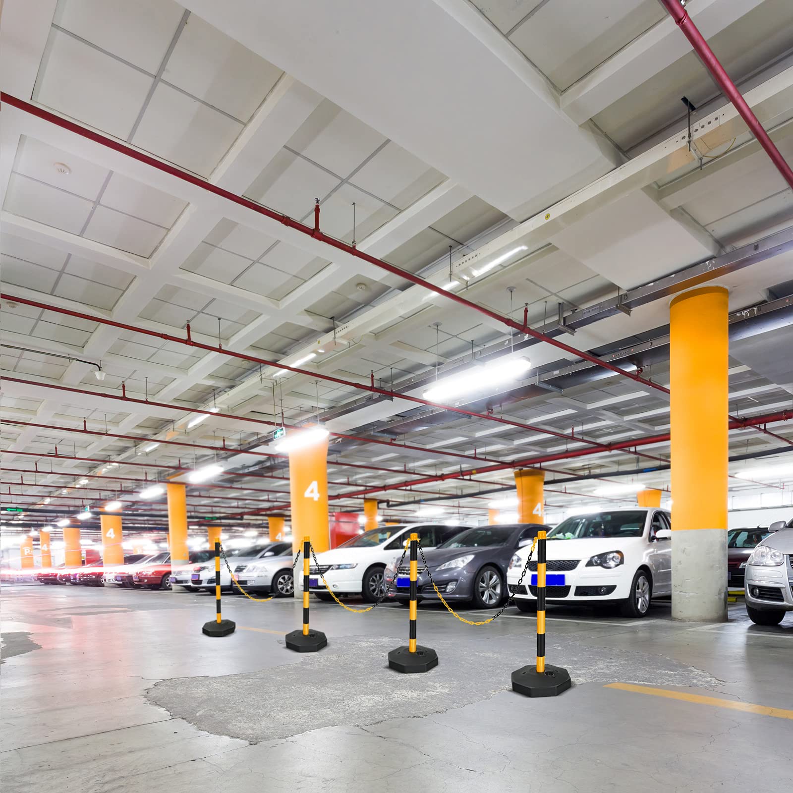 IRONMAX Traffic Delineator Post with Fillable Base, 6 Pack Adjustable Safety Parking Barrier with 5FT Chain, Portable Barrier Bar Cones for Traffic Crowd Control, Driveway, Parking Lot