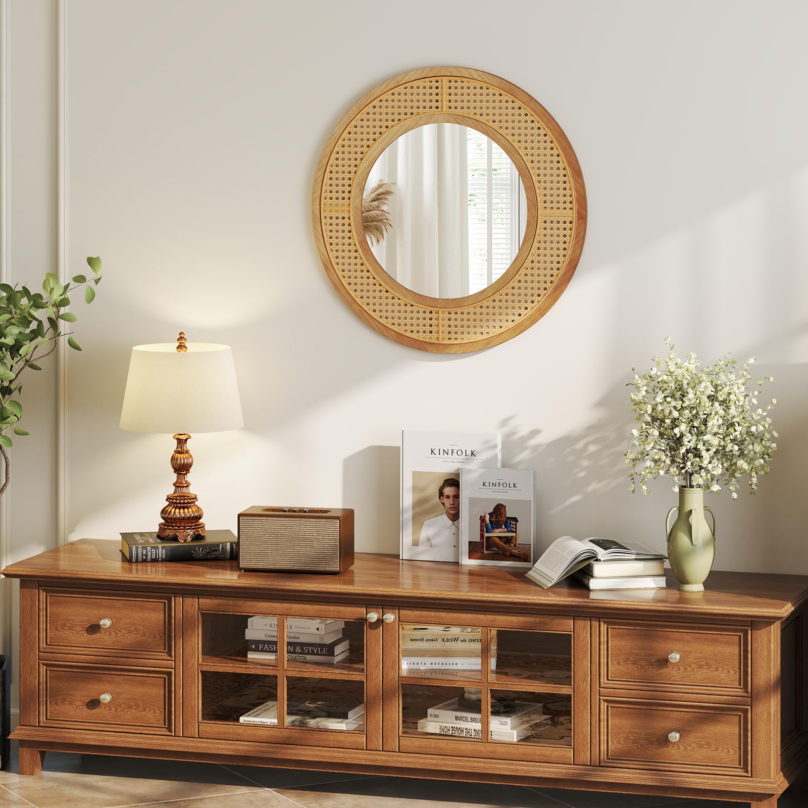 COSTWAY Specchio da Parete Rotondo 40 cm con Cornice in Rattan, Vetro in Alluminio e Gancio Metallico - Decorativo per Soggiorno Camera da Letto Ingresso