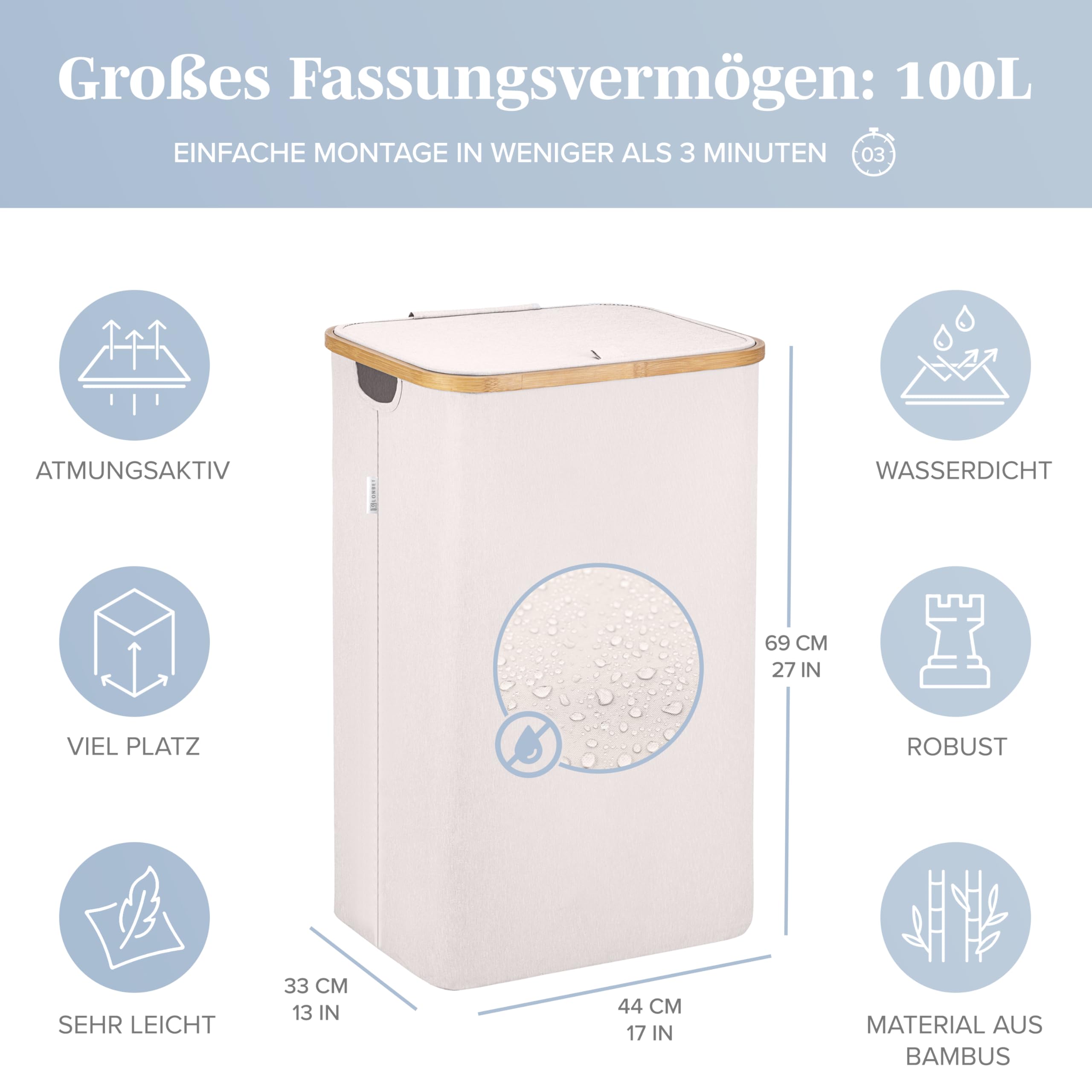 LONBET Wäschekorb mit Deckel 100L Groß - Stilvoller Wäschesammler Atmungsaktiv mit Stabilem Bambus-Rahmen - inklusive Herausnehmbarem Wäschesack Waschbar - Laundry Baskets Wasserdicht | Beige