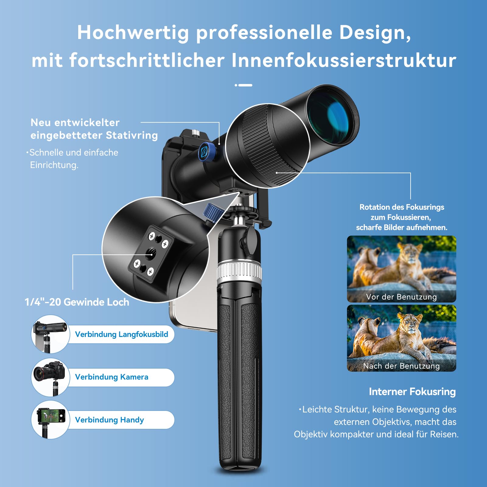 30x Teleobjektiv mit Stativ - Handy-Kamera-Objektiv-Set mit universeller Objektivhalter, Handy-Objektiv-Anhänger für iPhone und Android