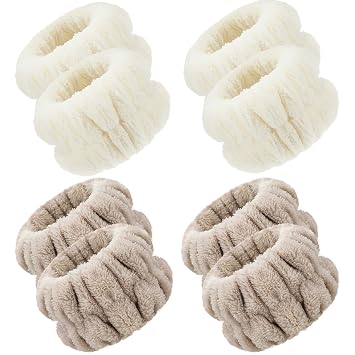 Chuangdi 4 Pairs Wrist Bands for Washing Face Wrist Spa Microfiber Wash Towel Band Scrunchies Absorbent Wristbands Sweatband for Women Prevent Liquid from Spilling(Khaki, Beige)