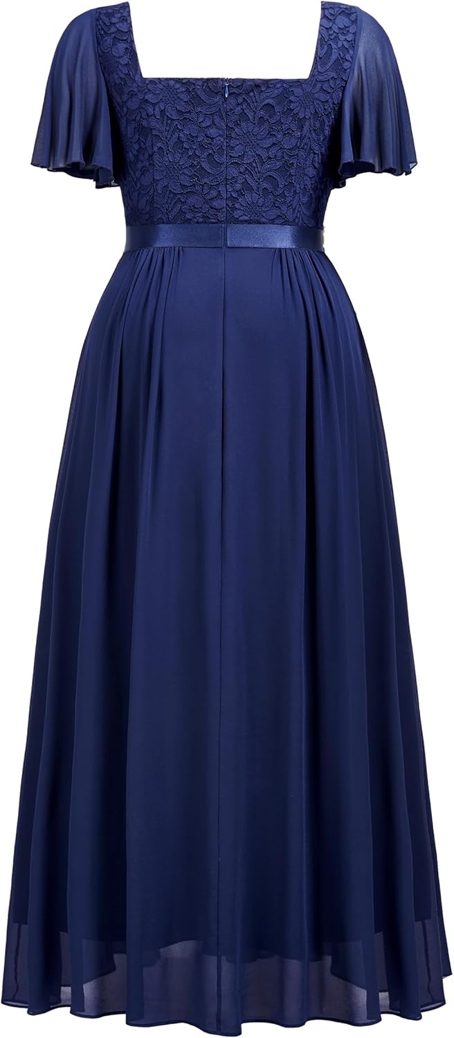 MISSMAY Women's Plus Size Floral Lace Ruffle Sleeves Beads Waist Chiffon Formal Party Maxi Dress - Image 6