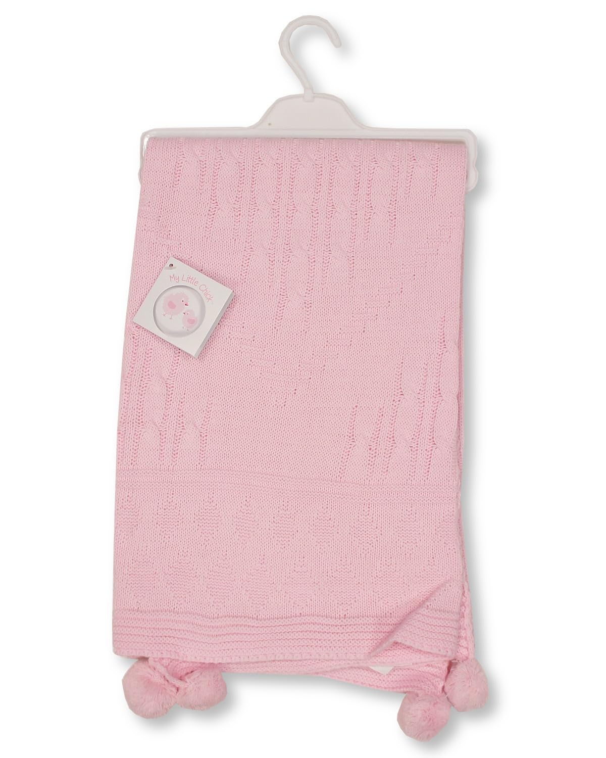 My Little Chick Knitted Baby Wrap Blanket with Pointelle Pattern and Pom-Poms (Pink) - Image 2