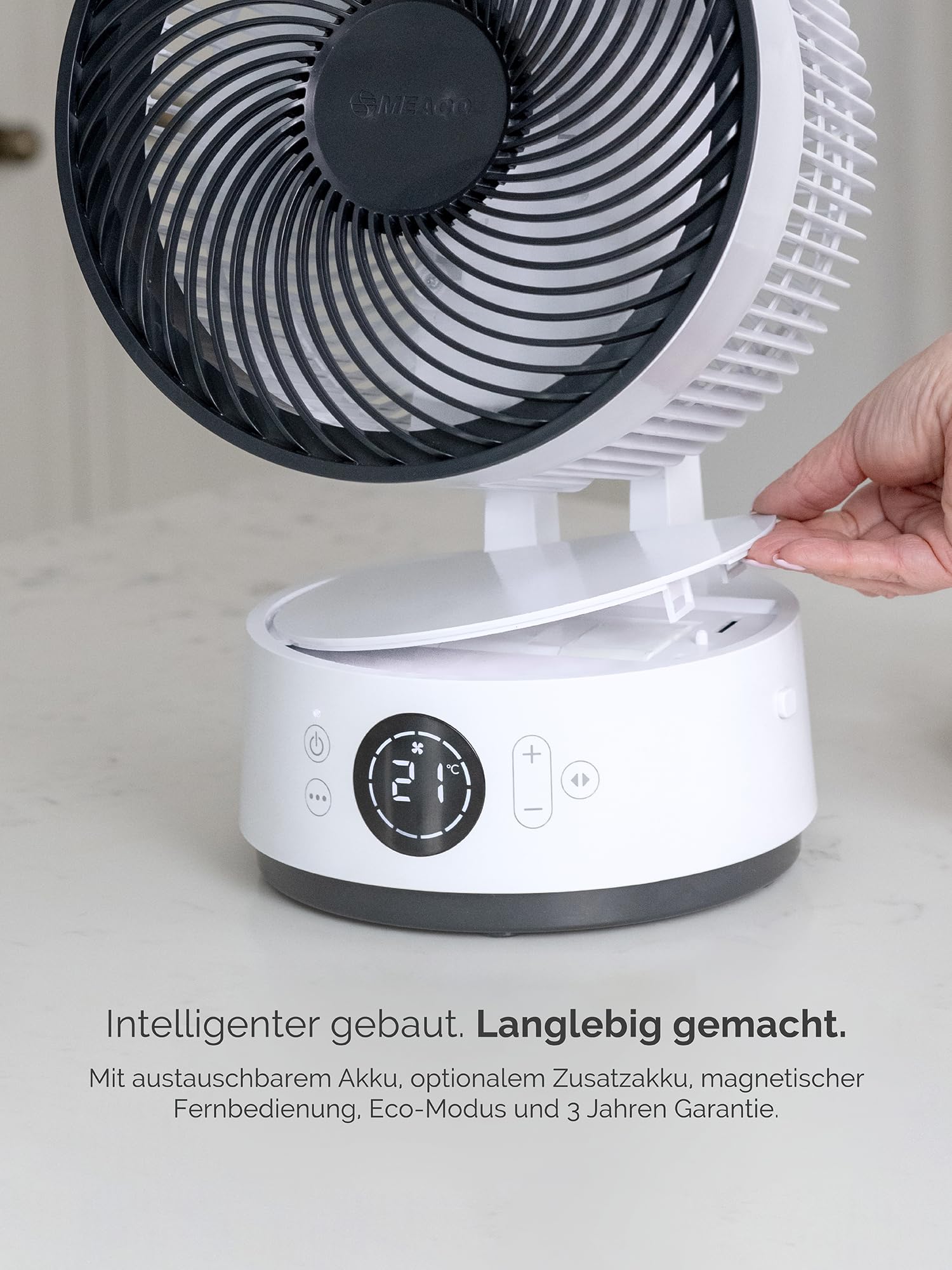 MeacoFan Sefte 6 Tischventilator 21 cm austauschbarer Akku 26 Std. Laufzeit leise 22 dB energieeffizient 1-18 W