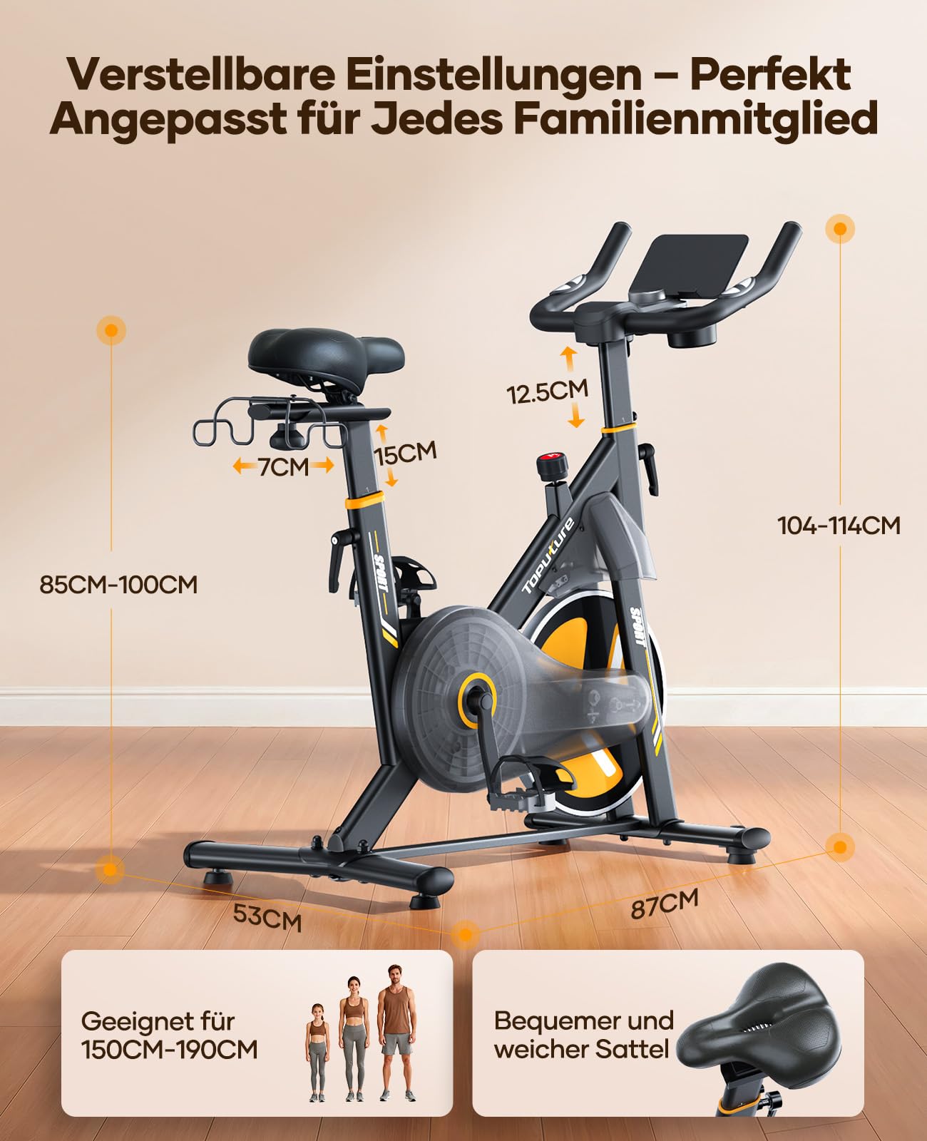 Toputure Neu Heimtrainer Fahrrad mit Elektr. LED-Touchmonitor & App, Herzfrequenzmessung, 32 Elektr. Magnetwiderstand Hometrainer, Leiser Ergometer, Dopp. Flaschenhalter, Langhantelständer, Bis 150kg