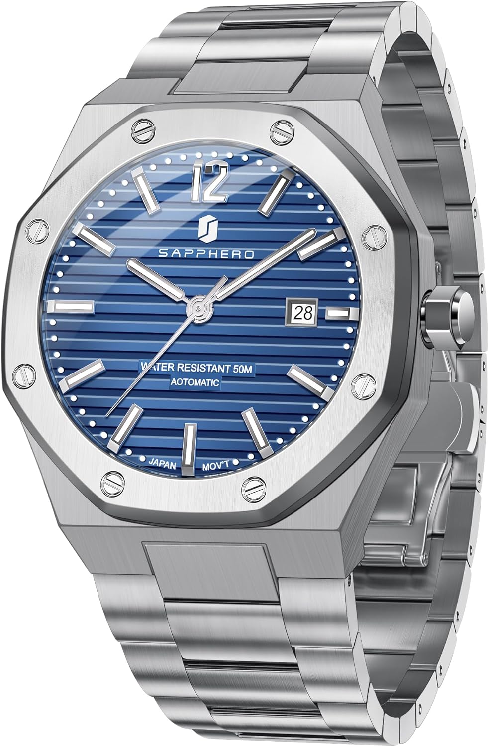 SAPPHERO Mens Watches 50M Waterproof, Men's Mechanical Automatic Watch, Modern Stylish Business Stainless Steel Strap Watch for Men with Date Elegant Mens Gift