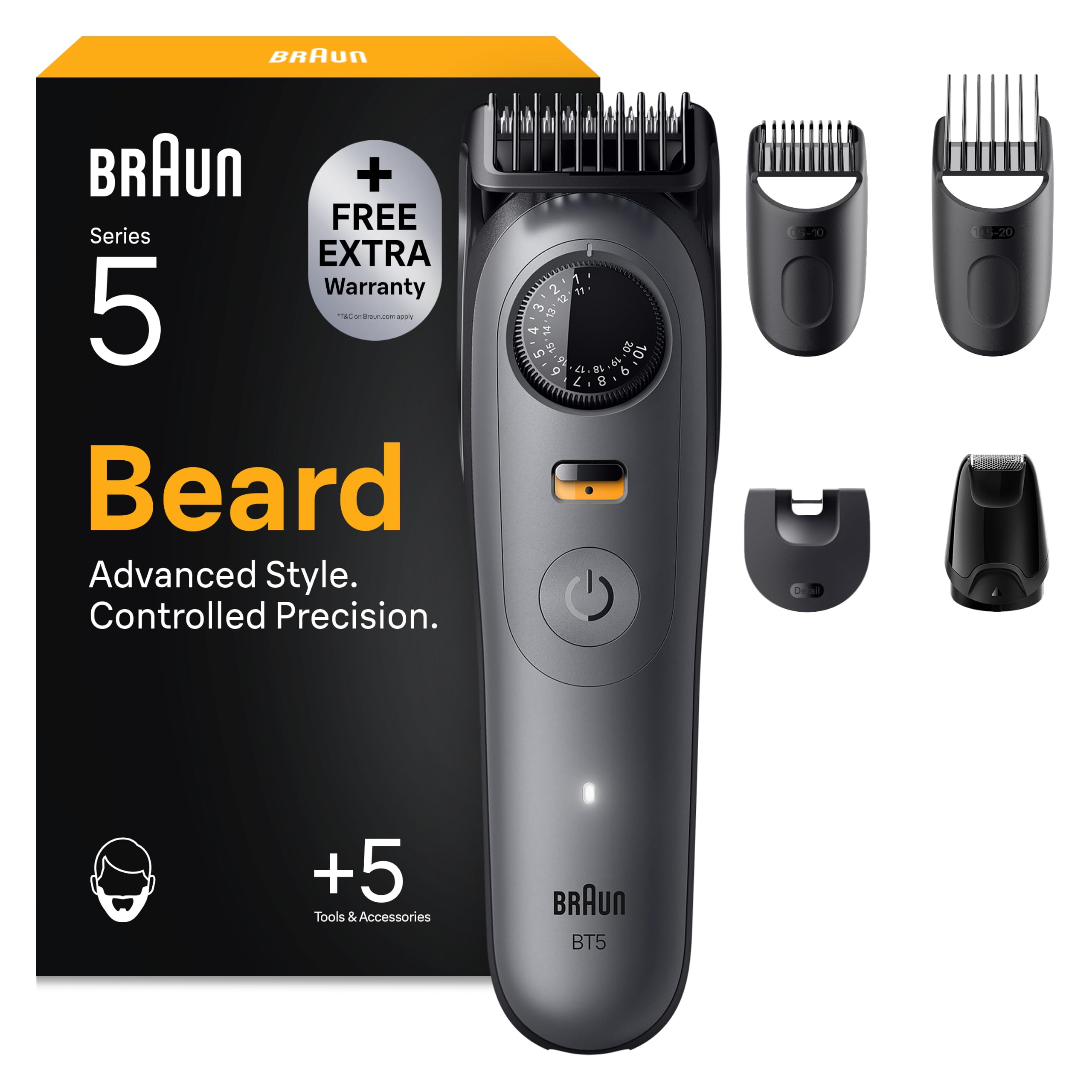 Braun Barttrimmer Series 5, Kabelloser Bartschneider Herren, BT5525, Grau