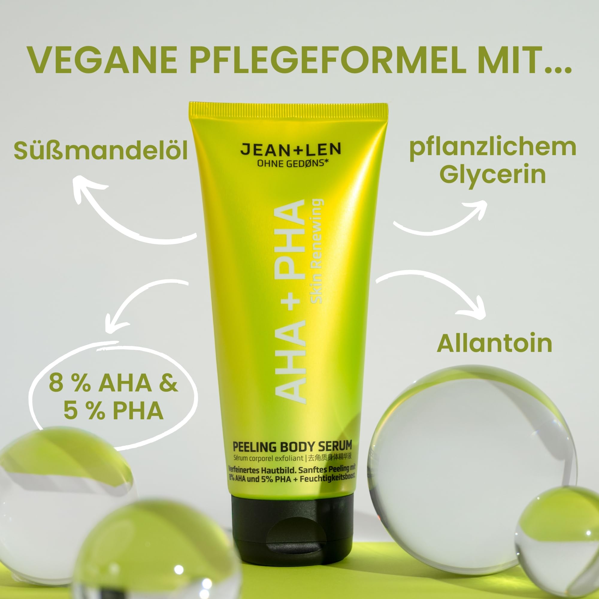 Jean & Len Serum do ciała AHA & PHA, delikatny peeling z 8% AHA i 5% PHA, poprawia wygląd skóry, usuwa zanieczyszczenia, nawilża, pielęgnacja ciała bez parabenów i silikonów, wegańskie, 200 ml
