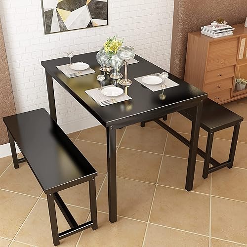 Miniatura 6 de Recaceik Juego de mesa de comedor de 47 pulgadas con bancos, juego de mesa de comedor de 3 piezas para 4, juego de mesa de cocina y sillas de madera