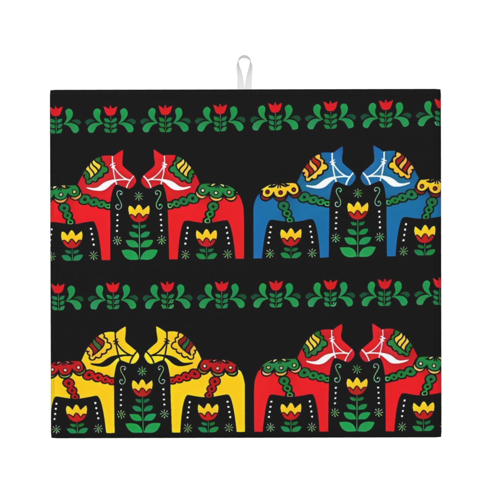 WHJSHOP Runner Swedish Dala Horse Folk Prints Kitchen Drying Mat - Absorbent Dish Drying Throw with Vibrant Prints, Quick-Dry Countertop Layer for Dishes & Glassware - Non-Slip