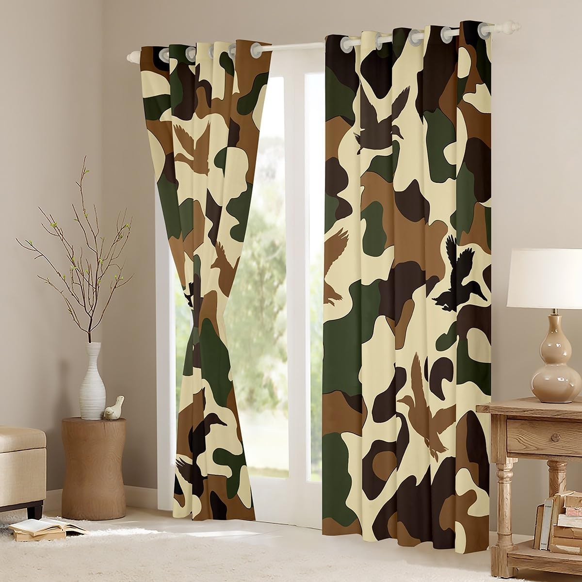 Erosebridal Duck Hunter Window Curtains 42" Wx63 L Camo Darkening Drapes for Kids Army Camouflage Hunting Vintage Green Brown Bedroom Decor Wild Animal Duck Rustic Curtains