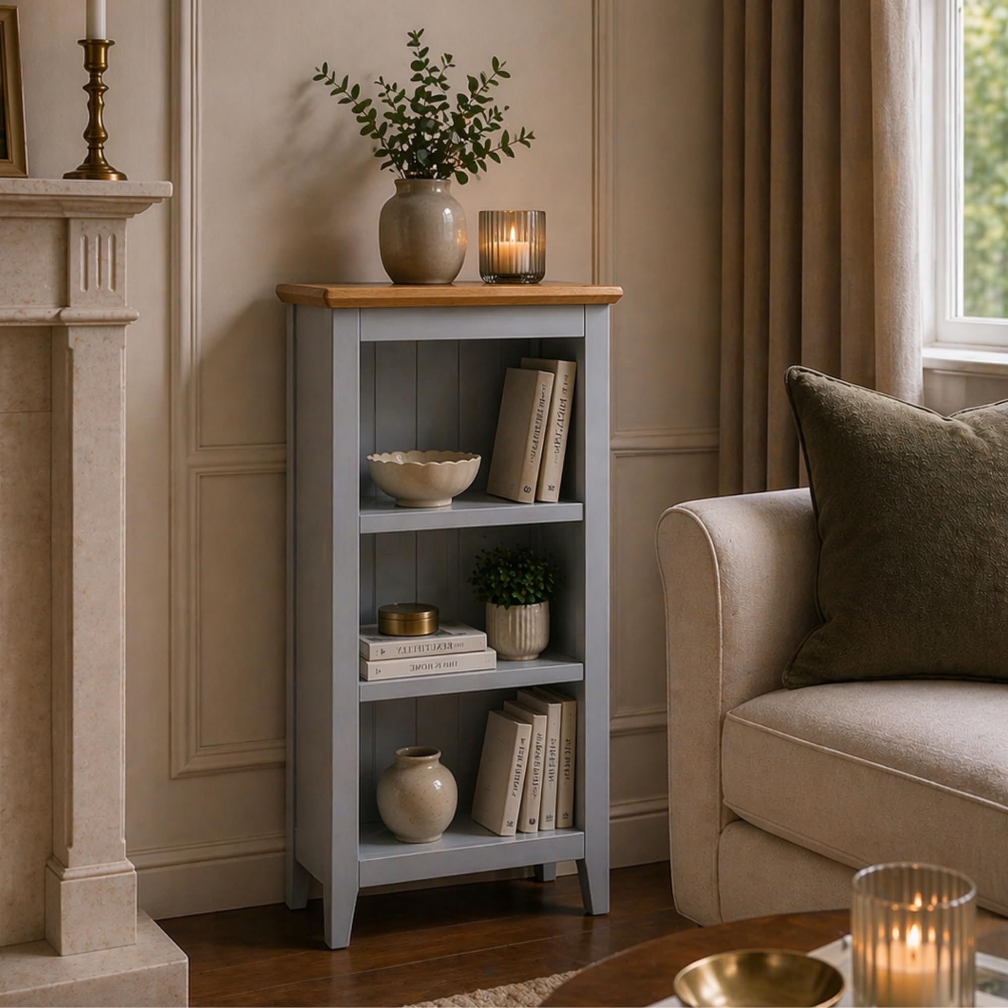 Home Furniture Group Ltd Langford Mini Bookcase – Grey Painted 3 Tier Compact Storage Unit with Oak Effect Top – Small Shelving Unit for Living Room, Bedroom or Hallway