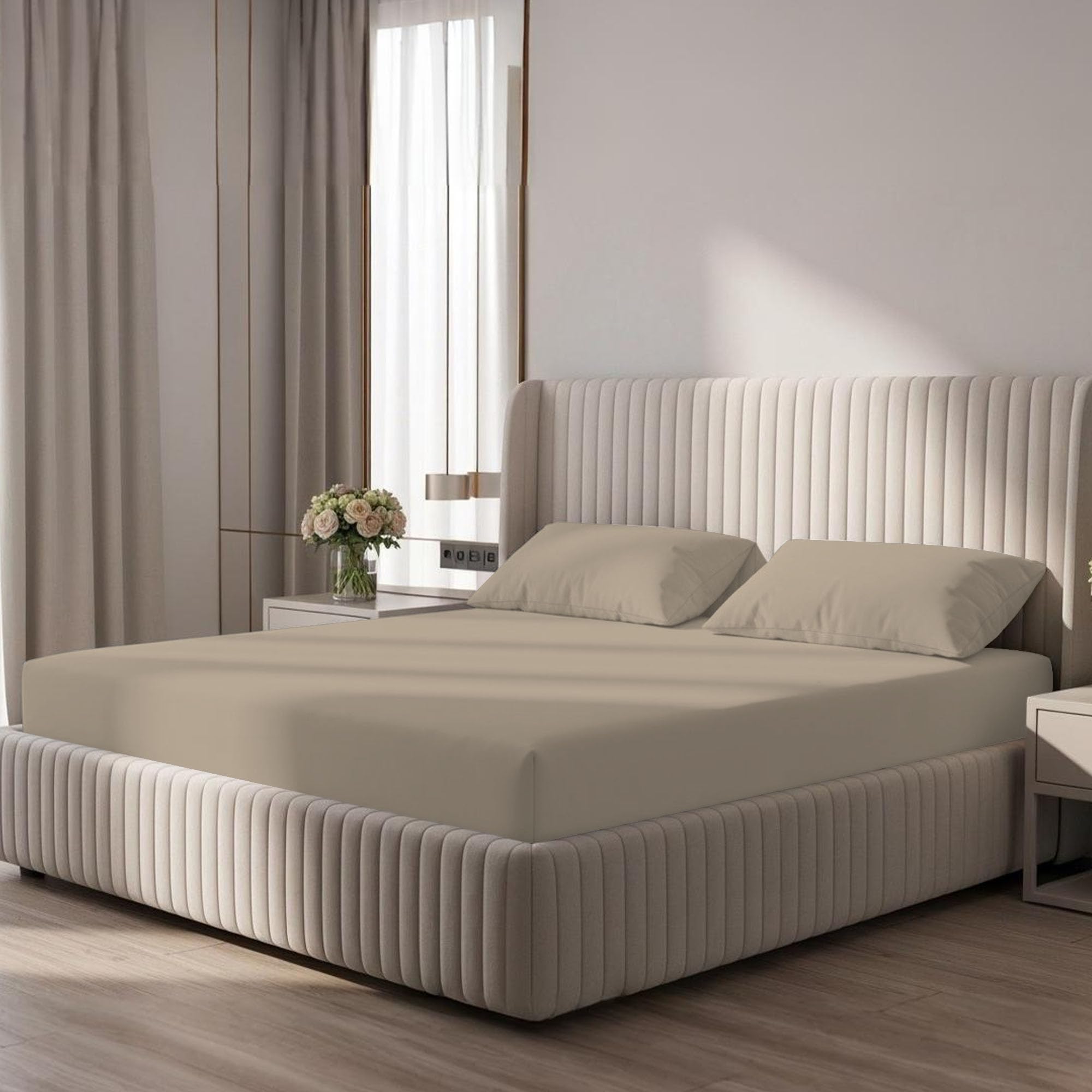 Bloombedding Beige 100% Egyptian Cotton 400Tc 3Pc Super King Fitted Sheet Set, 25Cm Deep Pocket