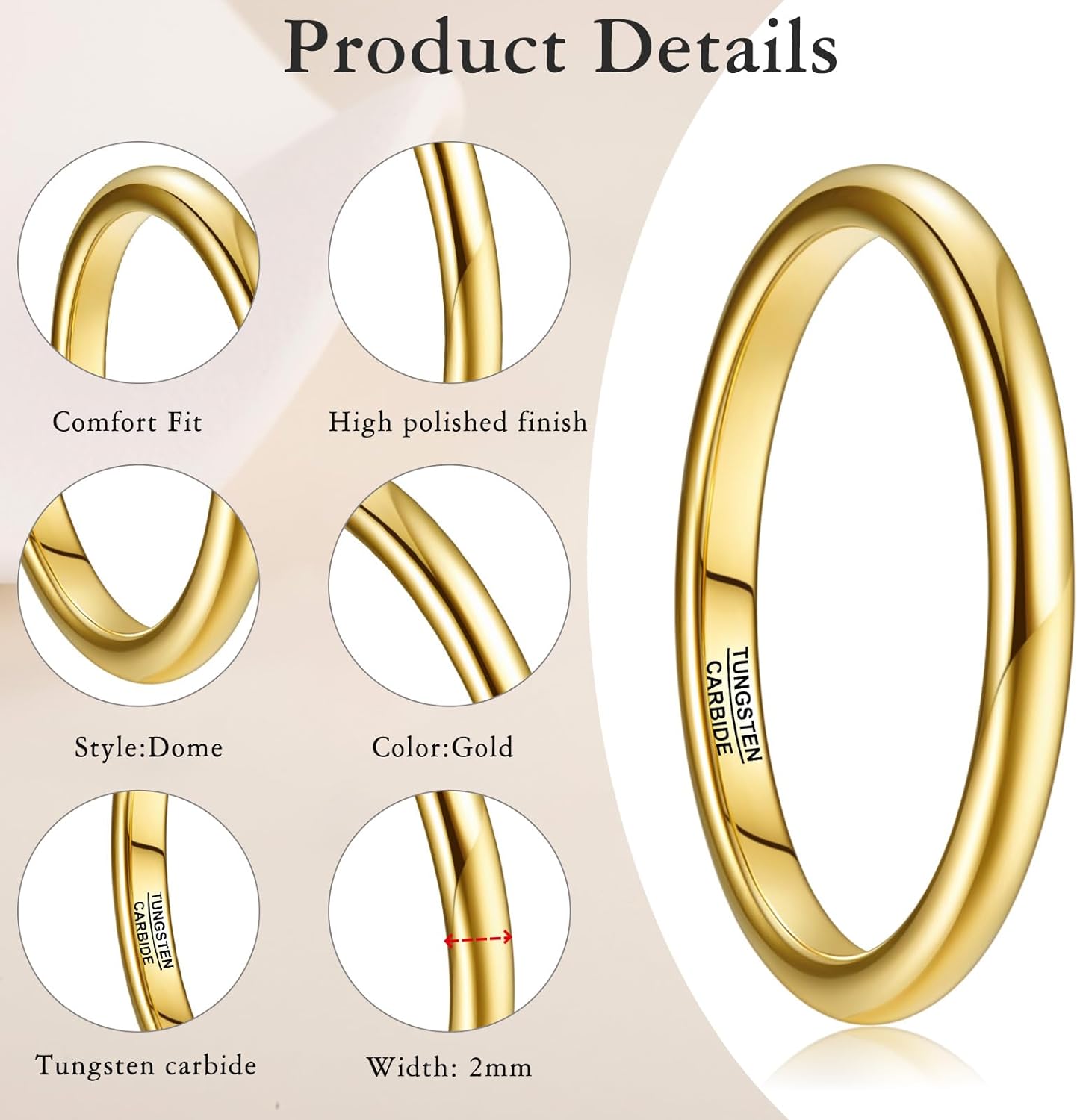 Vakki Gold Tungsten Wedding Bands for Men Women 2/4/6/8mm 14k Gold Plated Slim Stacking Stackable Engagement Promise Rings Domed High Polished Finish Comfort Fit size 5-12