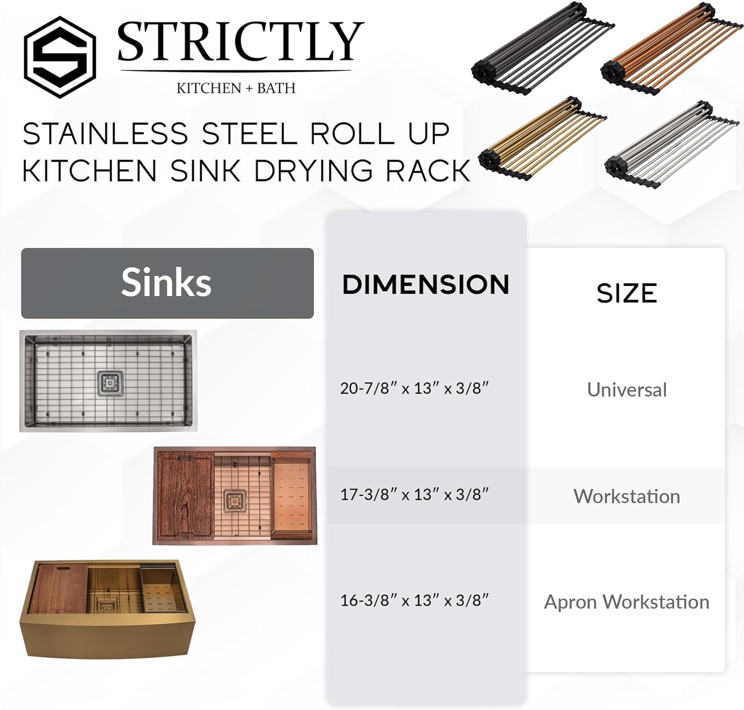 Strictly Sinks - Escurridor de platos enrollable de acero inoxidable - Negro 40,6 cm - Escurreplatos sobre el fregadero - Escurridor de platos plegable multifunción (41 x 33 x 1,9 cm)