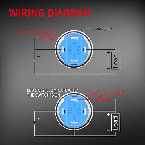 Miniatura 4 de DaierTek - Interruptor de botón de encendido y apagado, 0.472in CC, 4 pines, 12 V, impermeable, interruptor de metal con arnés de cableado y luz