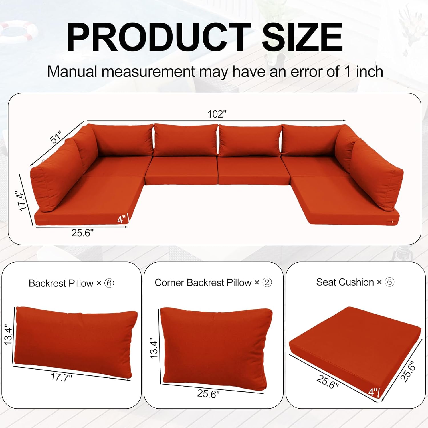 14-Piece Outdoor Sectional Cushions, Water-Resistant Outdoor Replacement Cushions for Patio Furniture, 4" Thick Deep Seat Cushion for 6-Seat Patio Conversation Sets (Orange)