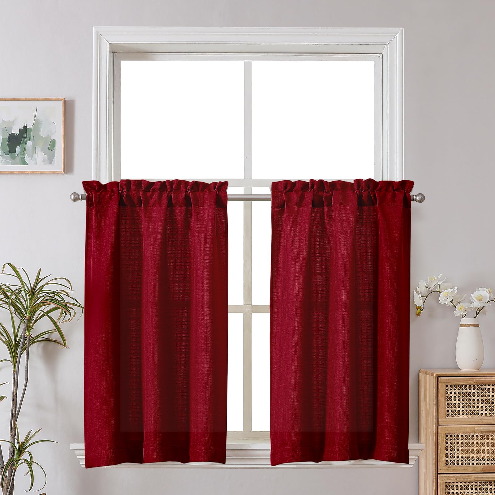 Chyhomenyc Christmas Red Curtains 30 Inch Length, Faux Linen Textured Small Cafe Curtain Tiers, Light Filtering Short Curtains for Bathroom Window,