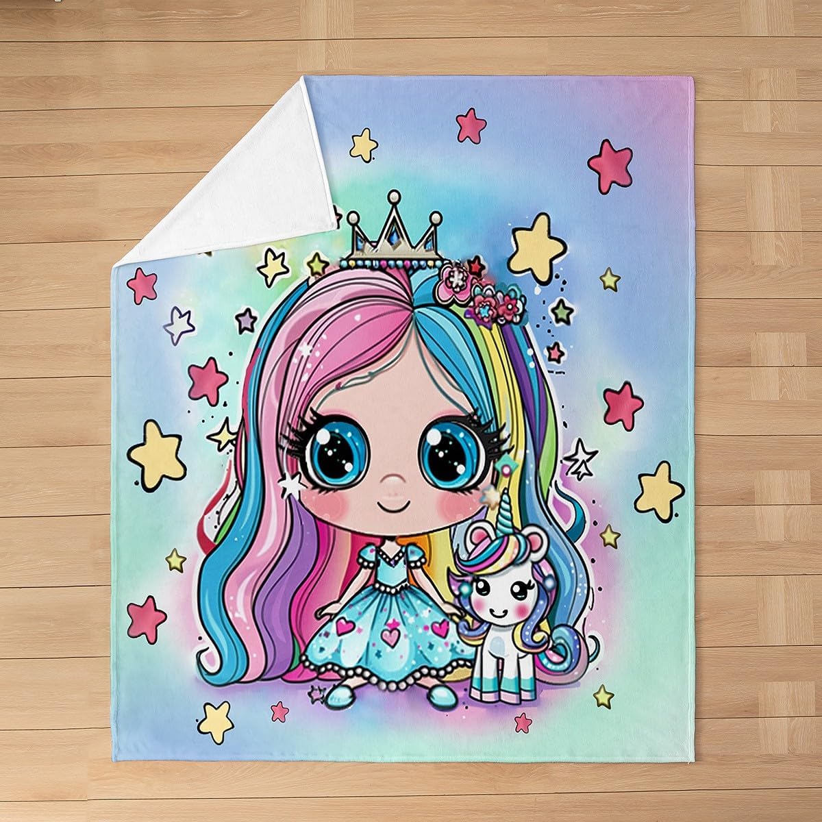 Cartoon Princess Bed Blanket,Rainbow Stars Flowers Watercolor Blue Purple Glitter Flannel Blanket for Room Decor,Fairy Tale Fantasy Girlish Fleece Blanket for Sofa Dorm Decor,Throw 50"x60"