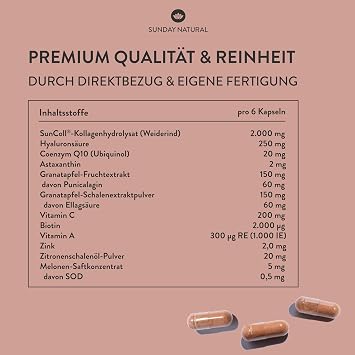 SUNDAY NATURAL® Collagen Capsules Plus Ultra SunGlow® Luxe - 180 Capsules - Premium Collagen Powder with Vitamin C Astaxanthin Q10 & Hyaluronic - Made from Collagen Type 1 & 3 - Laboratory Tested