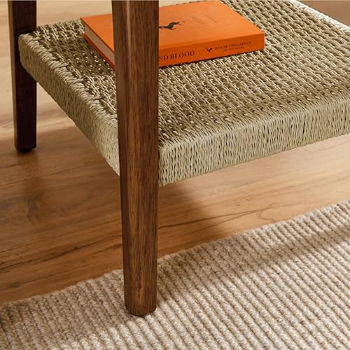 Miniatura 4 de Mesa auxiliar moderna de 2 niveles con estante tejido, mesa auxiliar pequeña bohemia para sala de estar, sofá, patio, oficina en casa, mesa