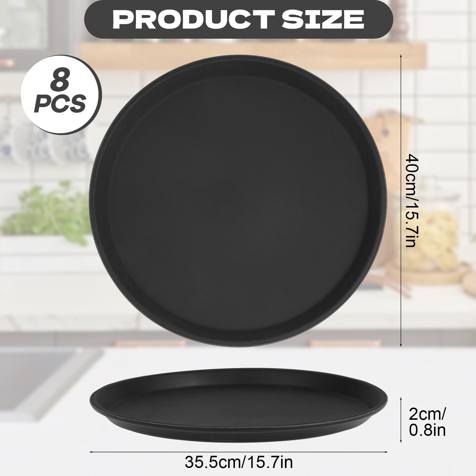 Lot de 8 plateaux ronds de service en plastique antidérapant pour fruits, entrées, nourriture, boissons, bords surélevés pour maison, restaurant, café, bar, cocktails (40,6 cm)