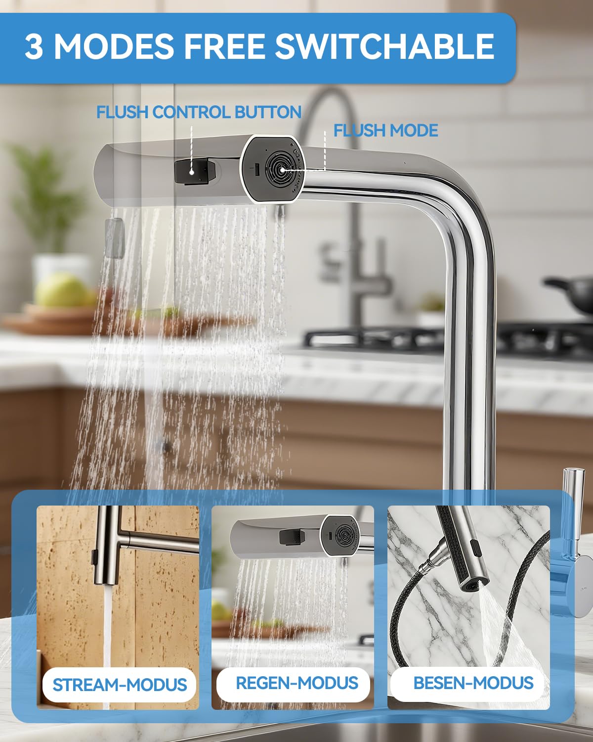 Rubinetto Lavello Cucina, Miscelatore Cucina con Doccetta Estraibile, Acciaio Inox Ad Alta Pressione Orientabile a 360° Monocomando,3 Modalità
