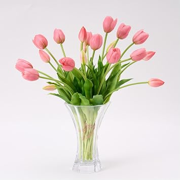 Avoeco 20 Pcs Real Touch Artificial Tulips Lifelike Faux Tulip Flowers Bouquet for Vase, Elegant Home Decor, Wedding & Table Centerpieces 20, Pink