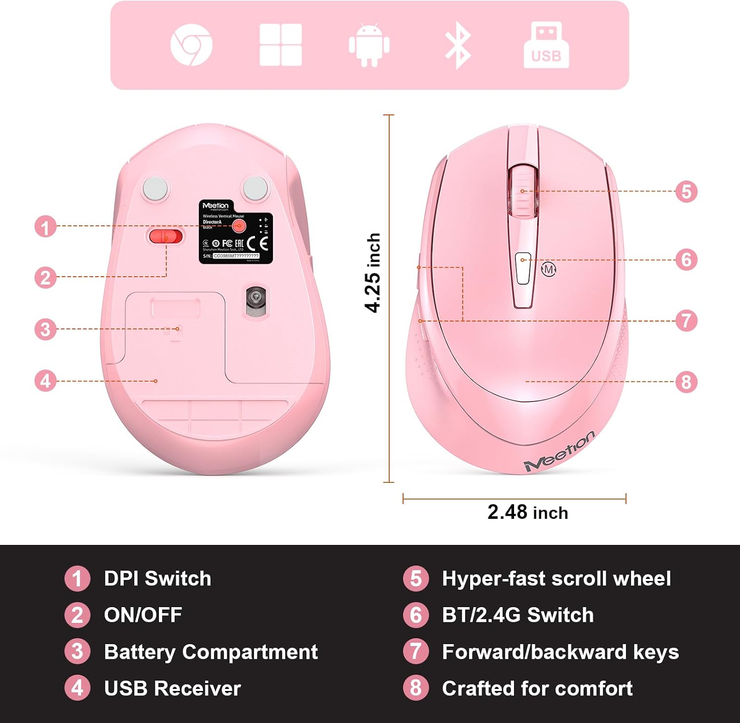 MEETION Purple Tri-Mode Wireless Mouse, Bluetooth 5.2+3.0 & 2.4G USB Receiver, 3 Adjustable DPI Ergonomic Optical Mouse for Laptop, PC, iPad, MacBook, Windows, Android