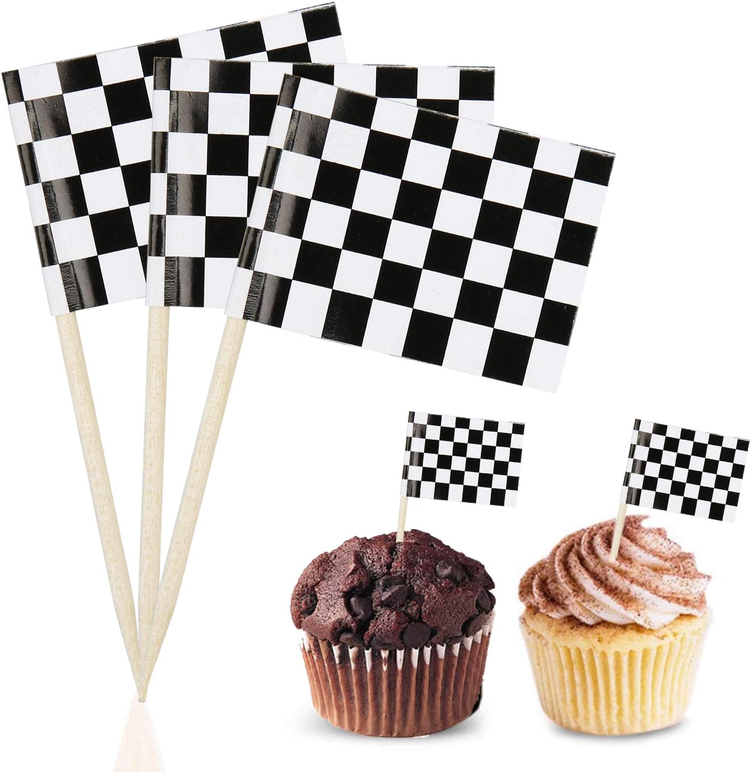 Wocuz 100 Pack Checkered Racing Flag Picks Cupcake Picks Food Fruit Toothpick Flag Party Toppers Decorations