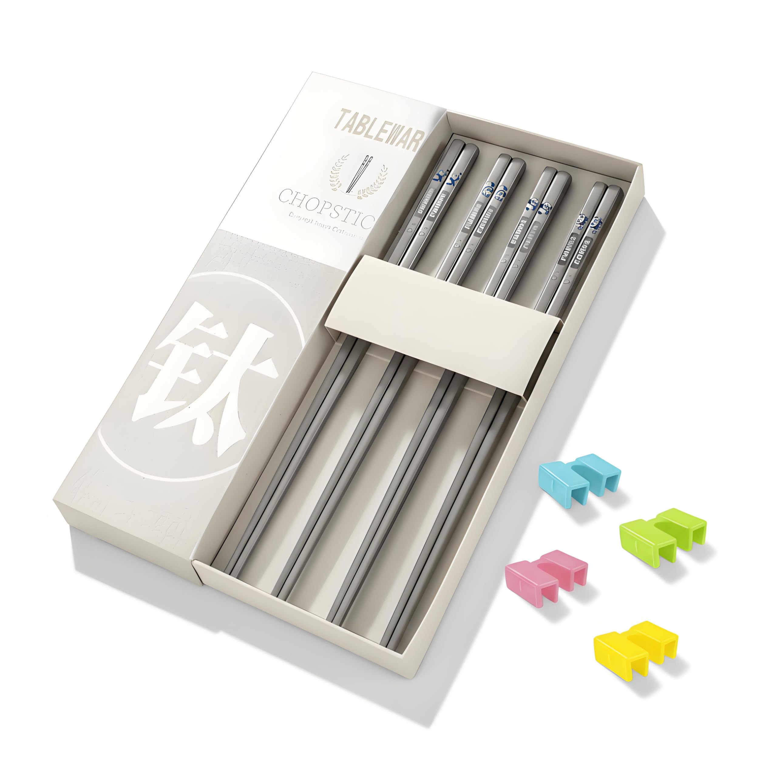 Titanium-plated stainless steel chopsticks with Training Helpers - Premium Reusable Non-Slip & Lightweight Metal Chopsticks Set, Dishwasher Safe, Furniture Kitchen Premium Gift Set (Silver）